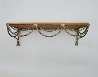 Vintage Brass Ribbon Wall Shelf with Wood Platform – Hollywood Regency Style
