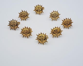 Vintage Solid Brass Sun Napkin Rings Large Celestial Face Set Of 8 Holders Boho