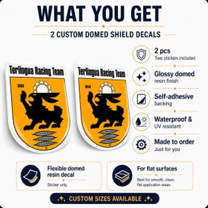 May include: Two Terlingua Racing Team shield decals with a yellow background, black rabbit graphic, and the text 1860. Features include a glossy domed resin finish, self-adhesive backing, waterproof and UV-resistant properties, and suitability for flat surfaces.