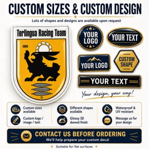 May include: Custom domed decals featuring a yellow shield with a black rabbit logo labeled Terlingua Racing Team, alongside various shapes including circles, ovals, hexagons, and rectangles with text like YOUR LOGO and YOUR TEXT in black and gold.
