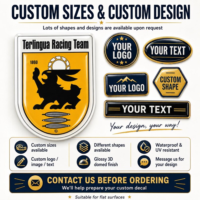 May include: Custom domed decals featuring a yellow shield with a black rabbit logo labeled Terlingua Racing Team, alongside various shapes including circles, ovals, hexagons, and rectangles with text like YOUR LOGO and YOUR TEXT in black and gold.