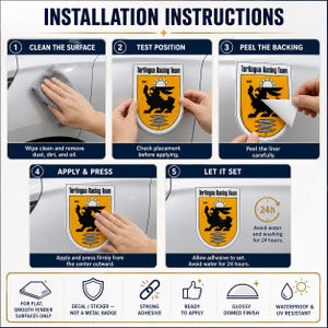 May include: An instructional graphic for a Terlingua Racing Team decal featuring a yellow shield with a black rabbit silhouette. The five-step guide shows cleaning, positioning, peeling the backing, applying, and setting the adhesive on a vehicle.