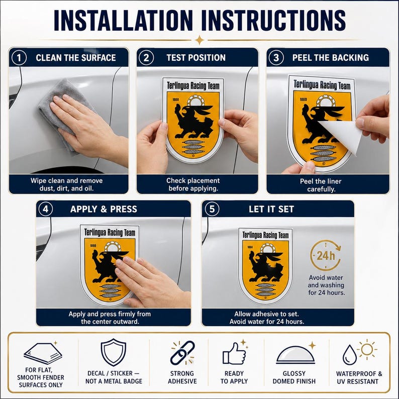 May include: An instructional graphic for a Terlingua Racing Team decal featuring a yellow shield with a black rabbit silhouette. The five-step guide shows cleaning, positioning, peeling the backing, applying, and setting the adhesive on a vehicle.