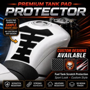 May include: Black tank pad protector on a white motorcycle fuel tank. The protector is shown as a sample shape, with the text "WE CAN CREATE ANY DESIGN". The image also shows custom design options and text that reads "Fuel Tank Scratch Protection".