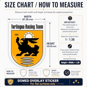 May include: A Terlingua Racing Team shield sticker with a yellow background and black rabbit graphic. The image includes a size chart with a width of 87.38 mm and a height of 120.65 mm, instructions for measuring, and a note for flat surfaces only.