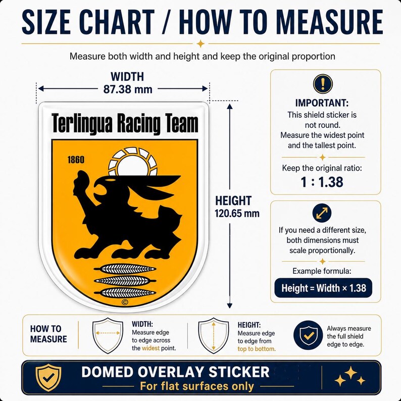 May include: A Terlingua Racing Team shield sticker with a yellow background and black rabbit graphic. The image includes a size chart with a width of 87.38 mm and a height of 120.65 mm, instructions for measuring, and a note for flat surfaces only.
