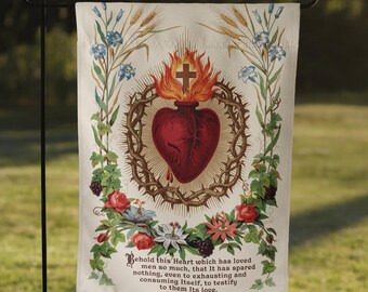 Vintage Sacred Heart of Jesus Garden Flag | Catholic Yard Art | Restored Antique Holy Card Design | Floral Religious Outdoor Decor