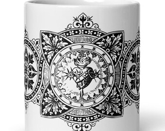 Sacred Heart of Jesus Catholic Coffee Mug – Vintage Black & White Woodcut Art | Traditional Devotional Gift