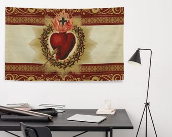 Bandera de pared del Sagrado Corazón de Jesús / Decoración de pared católica vintage / Tapiz religioso para rincones de oración o altares domésticos