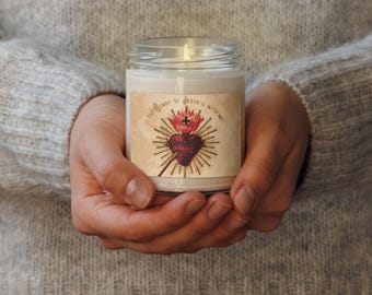 Sacred Heart Candle | Vintage Catholic Art Soy Candle | "The Heart of Jesus is With Me" Devotional Gift