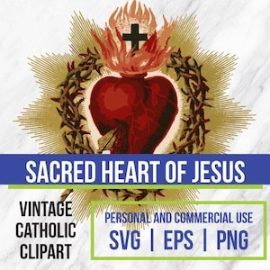 Najświętsze Serce Jezusa Clipart | Vintage Catholic Art | SVG PNG EPS Pobieranie cyfrowe