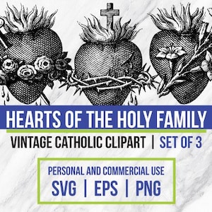 Corazones de la Sagrada Familia / Sagrado Corazón de Jesús Descargar / Inmaculado Corazón de María / Castísimo Corazón / Clipart Católico SVG EPS PNG