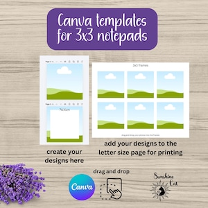 Puede incluir: Una plantilla de dise&ntilde;o digital para blocs de notas de 3x3, con el texto "Canva templates for 3x3 notepads". El dise&ntilde;o incluye marcos para im&aacute;genes y texto, con instrucciones para agregar dise&ntilde;os e imprimir en papel tama&ntilde;o A4. Un ramo de lavanda est&aacute; en la esquina.