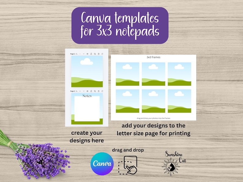 Puede incluir: Una plantilla de dise&ntilde;o digital para blocs de notas de 3x3, con el texto "Canva templates for 3x3 notepads". El dise&ntilde;o incluye marcos para im&aacute;genes y texto, con instrucciones para agregar dise&ntilde;os e imprimir en papel tama&ntilde;o A4. Un ramo de lavanda est&aacute; en la esquina.