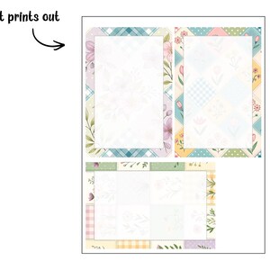 May include: Three stationery sheets with floral and patchwork borders. The top two sheets are rectangular, and the bottom sheet is a smaller rectangle. The borders feature pastel colors, flowers, and plaid patterns. The text "How it prints out" is in the upper left corner.