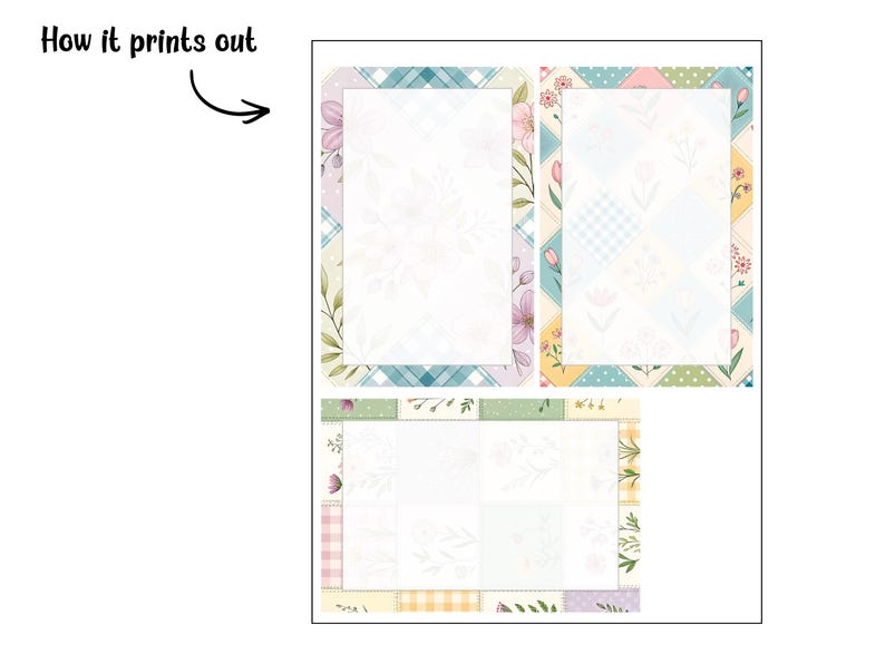 May include: Three stationery sheets with floral and patchwork borders. The top two sheets are rectangular, and the bottom sheet is a smaller rectangle. The borders feature pastel colors, flowers, and plaid patterns. The text "How it prints out" is in the upper left corner.
