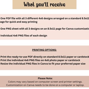 May include: A digital download product description with the title "What you'll receive". It lists the included files: PDF, PNG sheet, and individual PNG files. Printing options are also listed, along with a note about color variations and customization.