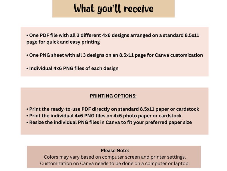 May include: A digital download product description with the title "What you'll receive". It lists the included files: PDF, PNG sheet, and individual PNG files. Printing options are also listed, along with a note about color variations and customization.