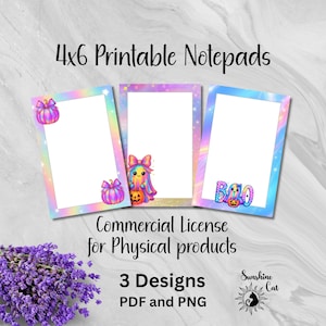 May include: Three 4x6 inch printable notepads with Halloween-themed designs. Each notepad features a white interior with a colorful border and a unique illustration, including pumpkins and the word "BOO". The image also includes text about commercial licensing.