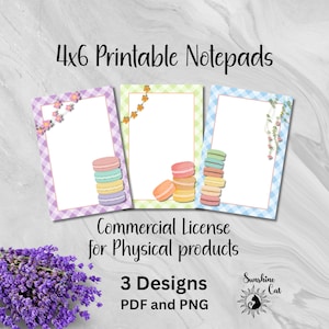 May include: Three 4x6 printable notepads featuring macaron illustrations. Each notepad has a different border design: purple gingham, green floral, and blue gingham. The image also includes text: "Commercial License for Physical products", "3 Designs PDF and PNG".