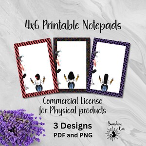 Puede incluir: Tres blocs de notas imprimibles de 4x6 pulgadas (aproximadamente 10x15 cm) con bordes rojos, negros y morados. Cada bloc de notas presenta una ilustración de una persona con tijeras y un peine. El texto incluye: "Commercial License for Physical products", "3 Designs PDF and PNG".