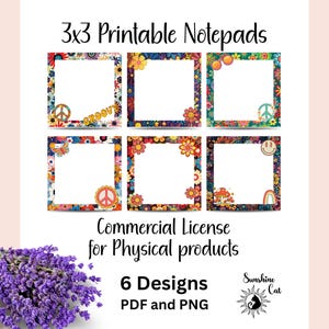 Puede incluir: Seis blocs de notas imprimibles de 7,6 x 7,6 cm con diseños retro coloridos. Cada bloc de notas presenta un marco cuadrado con motivos florales, símbolos de la paz y caras sonrientes. La imagen incluye el texto "3x3 Printable Notepads" y "Commercial License for Physical products".