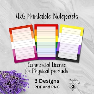 Può includere: Tre blocchi note stampabili da 4x6 pollici (circa 10x15 cm) con pagine a righe e bordi colorati che rappresentano diverse bandiere del Pride. L'immagine include il testo "4x6 Printable Notepads", "Commercial License for Physical products" e "3 Designs PDF and PNG".