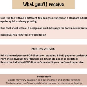 May include: A digital download product description with the title "What you'll receive". The text details the included files: PDF, PNG sheets, and individual PNG files. Printing options and a note about color variations are also listed.