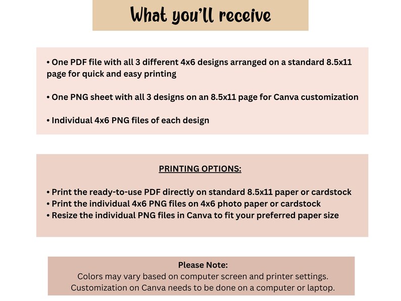 May include: A digital download product description with the title "What you'll receive". The text details the included files: PDF, PNG sheets, and individual PNG files. Printing options and a note about color variations are also listed.