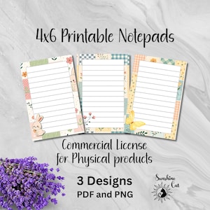 Peut inclure: Trois blocs-notes imprimables de 10x15 cm avec des pages lignées, chacun avec une bordure décorative différente avec des lapins et des motifs floraux. L'image comprend le texte "4x6 Printable Notepads", "Commercial License for Physical products", et "3 Designs PDF and PNG".
