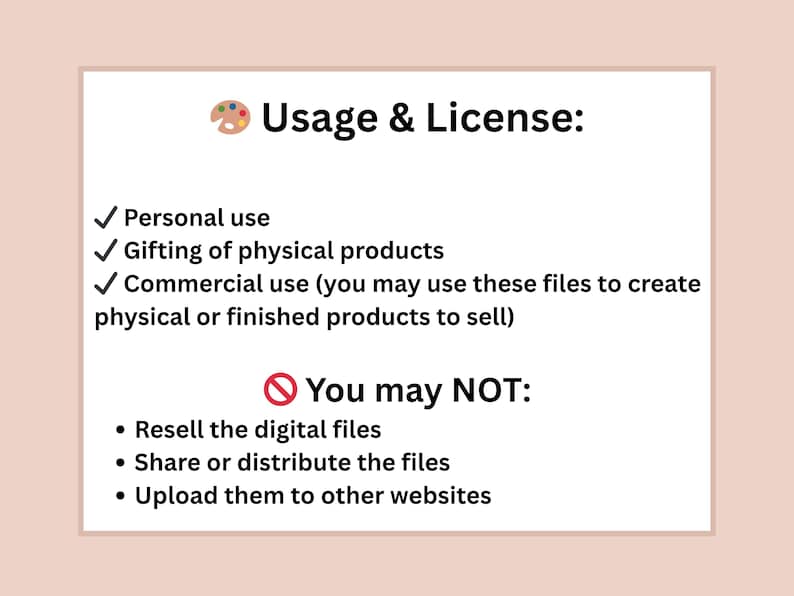 Puede incluir: Un documento blanco con el texto "Usage & License:" y vi&ntilde;etas que detallan los usos permitidos y prohibidos de los archivos digitales. El documento est&aacute; sobre un fondo rosa claro.