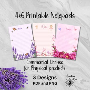 May include: Three 4x6 inch (approx. 10x15 cm) printable notepads with floral and butterfly designs. The notepads have lined pages and are in shades of pink and lavender. Text includes "Notes" and "Commercial License for Physical products."