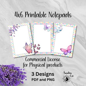 Può includere: Tre blocchi note stampabili di 10x15 cm con disegni di farfalle. Ogni blocco note ha un interno bianco e un bordo pastello. L'immagine include il testo "Commercial License for Physical products" e "3 Designs PDF and PNG".