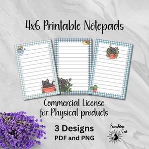 Peut inclure: Trois blocs-notes imprimables de 10 x 15 cm avec des pages lignées et une bordure vichy bleue. Chaque bloc-notes présente un design différent avec un chat de dessin animé et des plantes. Le texte comprend "4x6 Printable Notepads", "Commercial License for Physical products", "3 Designs PDF and PNG", et "Sunshine Cat".