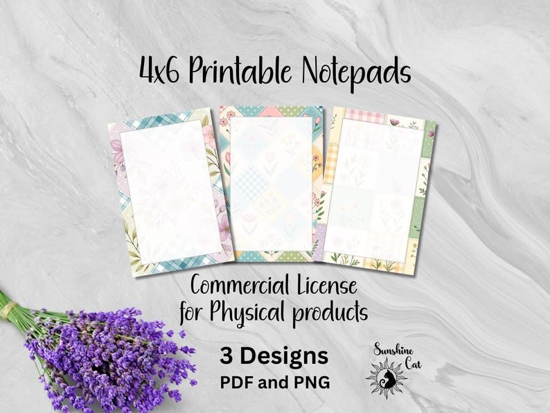 May include: Three 4x6 inch printable notepads with floral and patchwork designs. The notepads have a white interior and colorful borders. The image also includes text that reads "Commercial License for Physical products" and "3 Designs PDF and PNG".