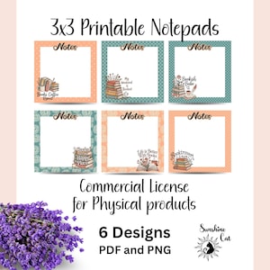 May include: A digital product image featuring six 3x3 inch printable notepads with various designs. Each notepad has a white interior with a decorative border and the word "Notes" at the top. The designs include stacks of books, coffee cups, and text like "Bookish is Babe".