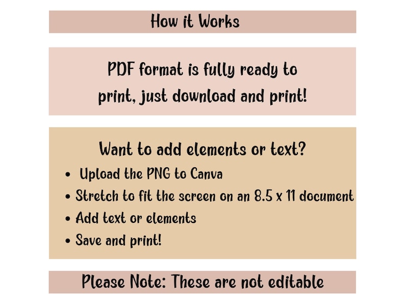 May include: A digital guide with instructions on how to print a PDF file. The text includes steps on adding elements or text using Canva, and notes that the files are not editable. The color scheme is a mix of beige, pink, and brown.