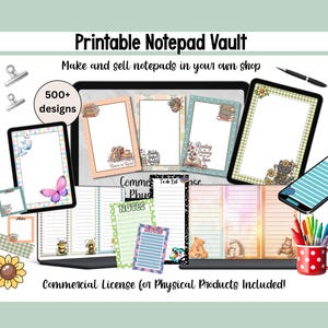 以下が含まれることがあります： 「Printable Notepad Vault」と題された500種類以上のデザインを含むデジタルコレクションで、タブレットや画面に表示されています。動物、本、花のイラストが描かれた様々なメモ帳テンプレートのセットと、ペンが入った赤地に水玉模様のマグカップが含まれています。