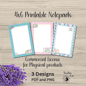 May include: Three 4x6 inch printable notepads with decorative borders and school-themed illustrations. The notepads are in blue and pink, with the text "Back to School" and "Let's Grow!" displayed. The image also includes text about a commercial license.