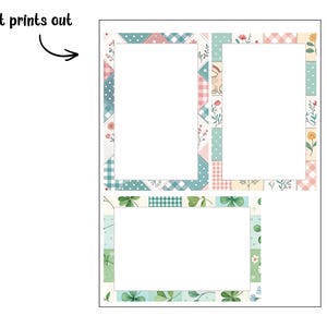 May include: A printable sheet with three rectangular frames and a smaller rectangular frame, all with decorative borders. The borders feature floral, gingham, and patchwork patterns in pastel colors. The text "How it prints out" is at the top.