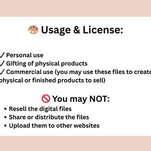 May include: A white rectangular graphic on a light peach background. The text reads "Usage & License:" followed by a list of permitted and prohibited uses of digital files, including personal, gifting, and commercial use.
