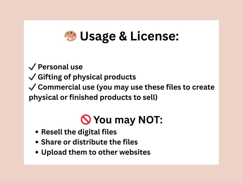 May include: A white rectangular graphic on a light peach background. The text reads "Usage & License:" followed by a list of permitted and prohibited uses of digital files, including personal, gifting, and commercial use.
