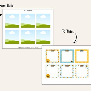 Puede incluir: Una impresi&oacute;n de arte digital que muestra un concepto de antes y despu&eacute;s. La imagen "De esto" muestra una cuadr&iacute;cula de 3x3 con un fondo de cielo y paisaje. La imagen "A esto" muestra seis marcos coloridos con dise&ntilde;os de abejas y girasoles, con la palabra "Notas" en cada uno.