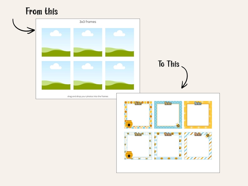 Puede incluir: Una impresi&oacute;n de arte digital que muestra un concepto de antes y despu&eacute;s. La imagen "De esto" muestra una cuadr&iacute;cula de 3x3 con un fondo de cielo y paisaje. La imagen "A esto" muestra seis marcos coloridos con dise&ntilde;os de abejas y girasoles, con la palabra "Notas" en cada uno.