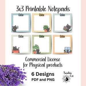 May include: Six 7.6 x 7.6 cm printable notepads with various designs. Each notepad has a square frame with a gingham pattern in different colours and a cartoon cat illustration. The word "Notes" is written at the top of each notepad.