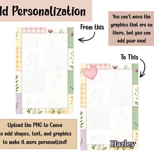 May include: A digital design template with a patchwork border in pastel colors. The text "Add Personalization" is at the top. The image shows how to add shapes, text, and graphics to personalize the design. The name "Harley" is at the bottom.