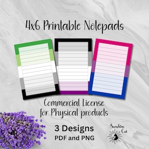Può includere: Tre blocchi per appunti a righe da 4x6 pollici (circa 10x15 cm) con disegni di bandiere dell'orgoglio. Il testo recita "4x6 Printable Notepads", "Commercial License for Physical products", e "3 Designs PDF and PNG". I blocchi per appunti presentano verde, bianco e nero; nero, grigio, bianco e viola; e rosa, viola e blu.
