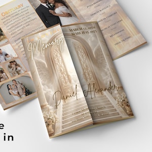 May include: A tri-fold memorial program, measuring 17x11 inches, features a gold and cream color scheme. The design includes photos, text, and the words "Memory" and "Daniel Alexander." The program's layout includes an obituary and order of service.