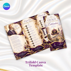 May include: A trifold church anniversary celebration brochure template featuring a purple and gold colour scheme. The design includes a photograph of a pastor, a church building illustration, a 25th anniversary emblem, and text detailing the order of celebration.