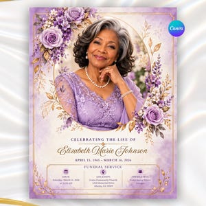 Lavender Purple Funeral Program Template, 8 Page Memorial Booklet, Editable Canva Celebration of Life, Funeral Service Program Homegoing PDF